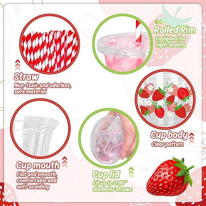 Whaline 100Pcs 9Oz Strawberry Disposable Plastic Cups with Lids and Straws Cute Sweet Berry Flower Cold Beverage Drinking Cups for Sweet One First Birthday Baby Shower Party Supplies