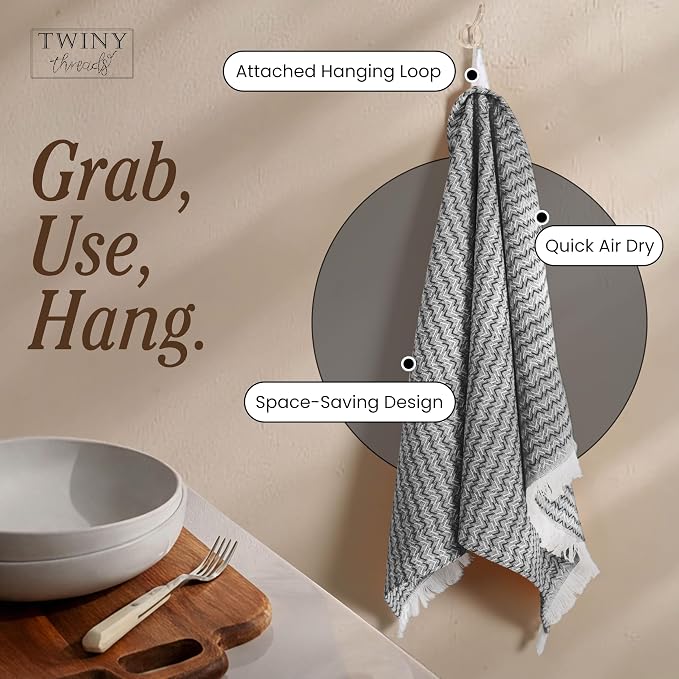 TWINY threads Kitchen Towel Chevron Weave, Premium Kitchen Linen Set, Large 100% Cotton Dish Rags, Absorbent Quick Drying for Daily Use, Washable Reusable, Set of 4, 16x26 Inches, Black