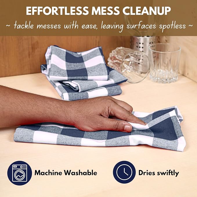Native Fab 6-Pack Kitchen Towel with Hanging Loop 16x26 inches, Cotton Buffalo Check Kitchen Towels for Cleaning Drying, Washcloths Soft & Absorbent Cloth Rags, Bar Towel, Dish Cloth, Navy