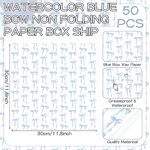 Geosar 100 Pcs Coquette Bow Paper Food Trays Bulk Bow Party Supplies Birthday Decor Disposable Food Boat Trays with Wax Paper Sheet Wrapping for Wedding Bridal Party Supplies(Blue)