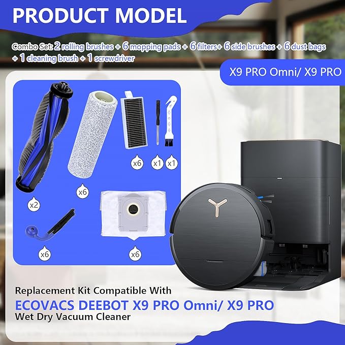 Replacement Parts Accessories Compatible with ECOVACS DEEBOT X9 PRO Omni/ X9 PRO Robot Vacuum (2 Roller Brushes + 6 Mopping Cloths + 6 Filters + 6 Side Brushes + 6 Dust Bags) (X9 PRO Omni/X9 PRO kits)