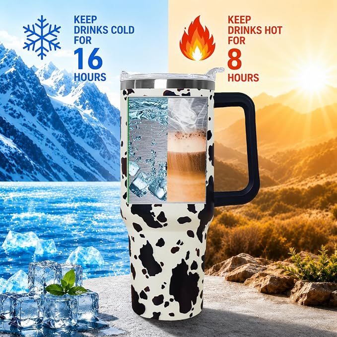 Ceovfoi 40 Oz Cow Print Tumbler With Handle,Cow Print Coffee Travel Mug Cup Water Bottle,Cow Print Decor,Cow Print Gifts for Women