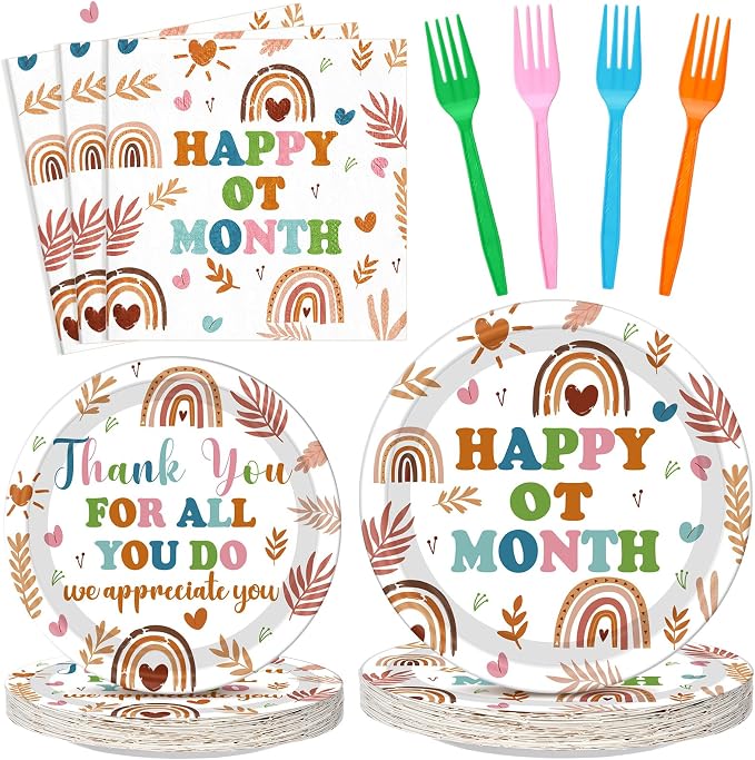 Remerry 96 Pcs Happy OT Month Party Supplies Occupational Therapist Appreciation Plates and Napkins Set Decoration Boho Thank You Medical Staff Themed Disposable Plates for OT Month Party Supplies