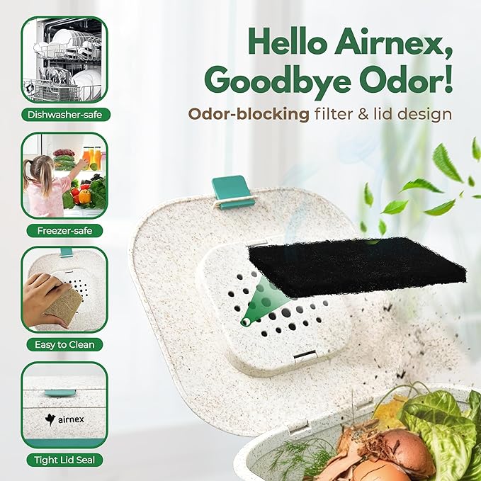 AIRNEX Collapsible Food Waste Bin with Lid - 1 Gallon Food Waste Caddy for Kitchen Made of Wheat Straw - Odor Free Compost Bin with 20 Pcs Compostable Trash Bags and 14 Pcs Carbon Filters