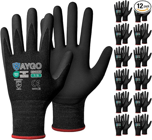 KAYGO Safety Work Gloves MicroFoam Nitrile Coated, 12 Pairs KG18NB,Seamless Knit Nylon Glove with full fingers Touchscreen, Ideal for Automotive,Warehouse,Construction (Small, Black)
