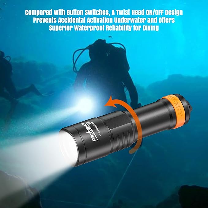 ORCATORCH D580 Scuba Dive Light, Max 530 Lumens Underwater Flashlight with 6 Degrees Narrow Beam, IP68 Waterproof Twist Switch Night Dive Torch, 3 AAA Batteries Included