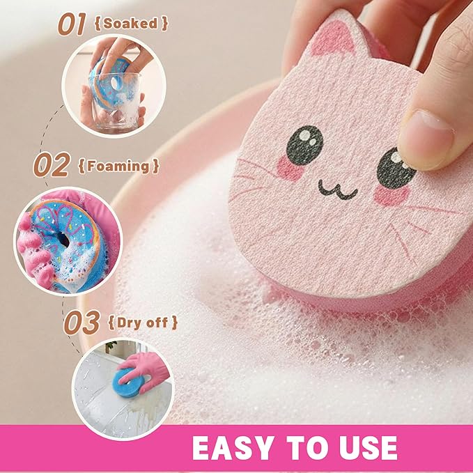 Bulimumu 3-Layer Cat Print Dish Sponge (6 Pack) - Swedish Dishcloth Top + Soft Sponge Middle + Smart Temperature-Sensing Scrubber - Dual-Action Non-Scratch Kitchen Cleaning