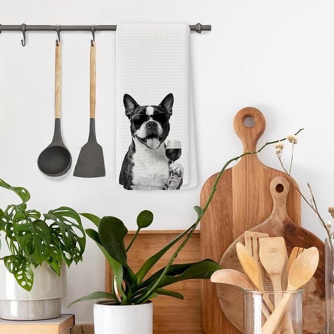 Funny Boston Terrier Wine Kitchen Towels, Gifts for Dog Wine Lovers, Bar Accessories Dish Tea Towels for Kitchen, Dog Owners Housewarming Gift Decorative Hand Towel 16x24 Inch