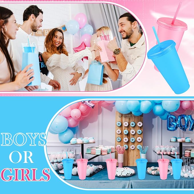 Honeydak 30 Pack Tumbler with Straw and Lid Bulk Cups for Gifts Water Bottle Iced Coffee Travel Mug Cup Reusable Plastic Tumblers for Party Birthdays 24-27 oz (Pink and Blue Color)