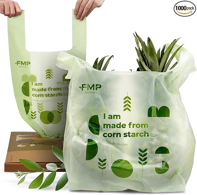 FMP Brands 100% Compostable Bags with Handle 2.6 Gallon 0.78 Mil Grocery Shopping Bags, Small Garbage Bags for Bathroom & Food Scrap, BPI & OK Compost Certified, ASTM D6400 Compliant - [1000 Count]