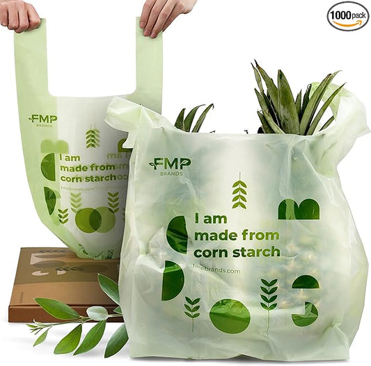 FMP Brands 100% Compostable Bags with Handle 2.6 Gallon 0.78 Mil Grocery Shopping Bags, Small Garbage Bags for Bathroom & Food Scrap, BPI & OK Compost Certified, ASTM D6400 Compliant - [1000 Count]