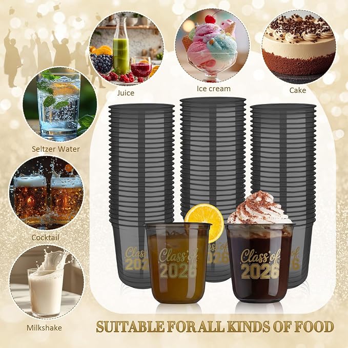 Potchen 50pcs Graduation Cups Class of 2026 12oz Clear Plastic Graduation Party Cups for 2026 Celebration Party Supplies Congrats Grad Tableware Decoration(Black Yellow)