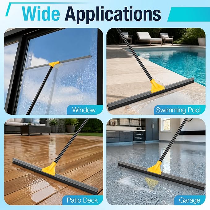 SOBONNE 24" Floor Squeegee for Concrete Floor Water Removal | Heavy Duty Large Rubber Squeegee Broom/ 57" Long Handle for Tiles Window Shower Garage Patio Deck Pool/Yellow