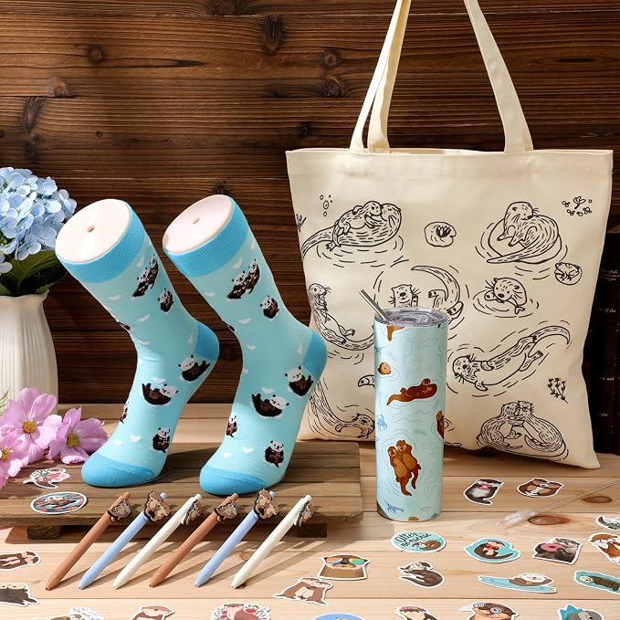 57 Pcs Sea Otter Gifts Set for Women 20 oz Tumbler Canvas Bag Pen Socks Stickers Otter Lover Stuff Accessories Gift for Christmas Mom Sister Friends Office School Birthday Party Supplies