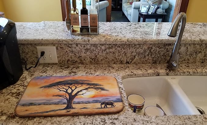 Caroline's Treasures Elephants Savanna Sunrise Dish Drying Mat Absorbent Dish Drying Mat Pad for Kitchen Counter Dish Drainer Mat for Countertop, 14 x 21", Multicolor