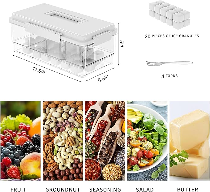3Pack Chilled Condiment Caddy with 4 Containers 4 Lids Fruit Serving Tray Platter with Handle Portable Snackle Box Organizer Server with Ice Pack for Mimosa Bar Supplies,Salad,Taco,Party Garnish,White