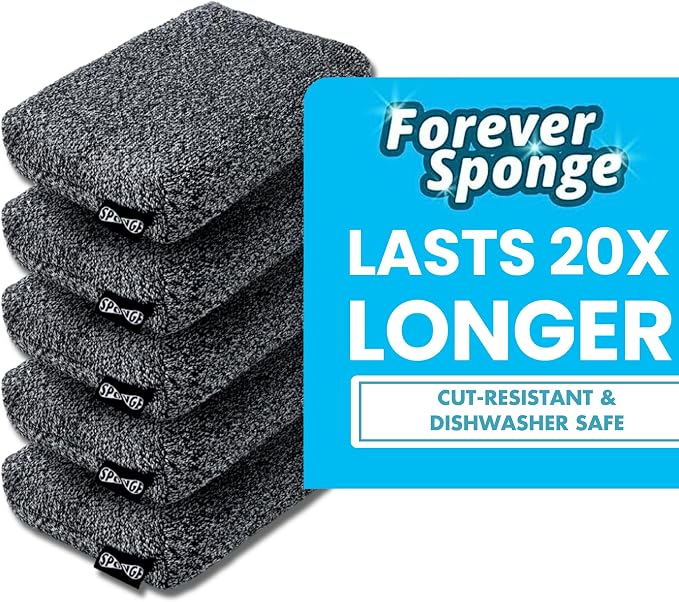 Grill Rescue Heavy Duty Kitchen Sponge - Lasts 20x Longer, Scratch-Free, Safe for Non-Stick Cookware - Cut Resistant, Versatile Household, Bathroom & Outdoor Cleaning Supplies (5, Grey)