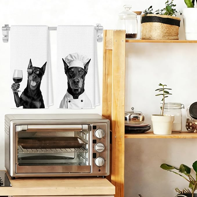 Funny Doberman Kitchen Towels Set of 2, Dog Kitchen Bar Accessories, Dog Chef Gifts for Women Decorative Hand Towels for Kitchen Decor, Doberman Lovers Dish Tea Towel, 16x24 Inch