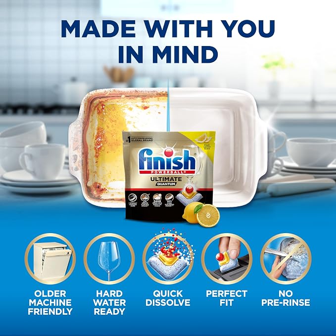Finish Ultimate Quantum Dishwasher Pods, New & Improved Formula, Dishwasher Detergent Dish Soap, Removes Burnt-On & Dried-On Stain, Degreasing & Scrubbing Power, Lemon Scent, 21 Count