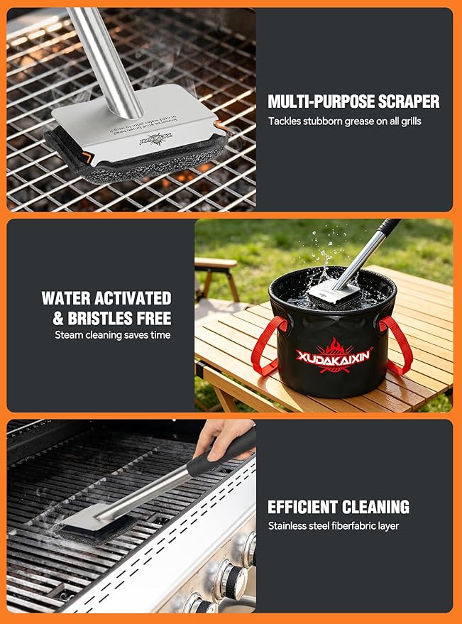 Grill Brush Bristle Free,with 5 BBQ Replacement Head, [Ultra Safe & Efficient] for Cast Iron, Stainless Steel Grates,Grill Cleaner for Outdoor Grill