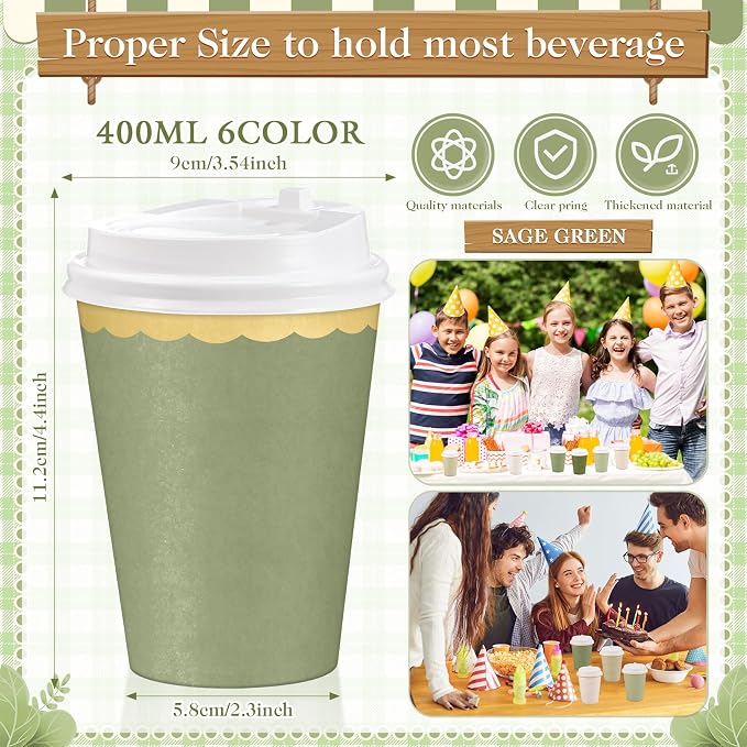 Willinglong 60 Pcs Sage Green Disposable Paper Cups with Lids 12oz Sage Green Coffee Cups with Golden Lace Drinkware for Birthday Baby Shower Bride Holiday Tea Party Business Events DIY Supplies