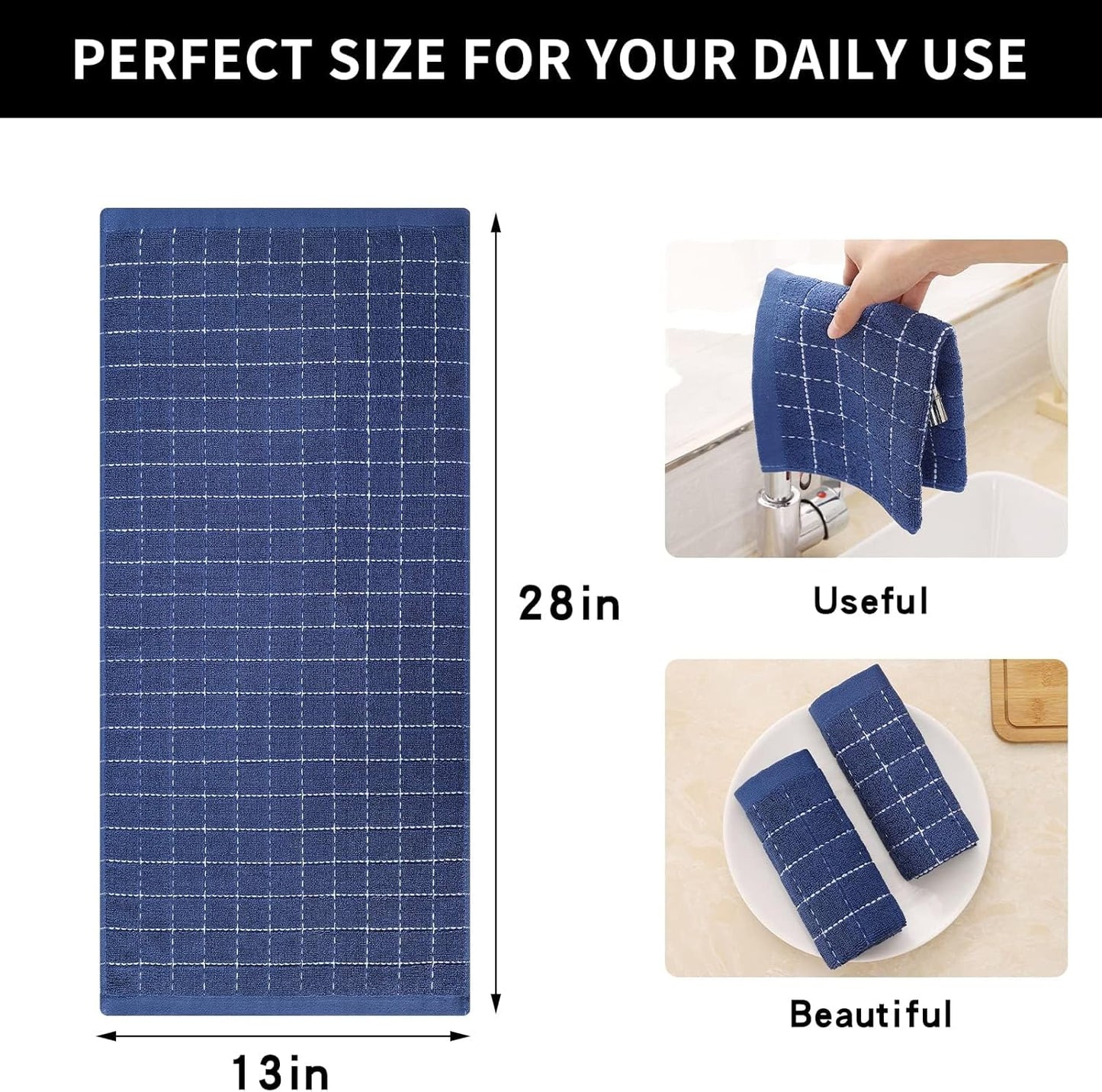 Homaxy 100% Cotton Terry Kitchen Towels(Navy Blue, 13 x 28 inches), Checkered Designed, Soft and Super Absorbent Dish Towels, 6 Pack