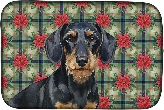 Caroline's Treasures Wirehaired Black and Tan Dachshund Christmas PoinsettIas Dish Drying Mat Absorbent Dish Drying Mat Pad for Kitchen Counter Dish Drainer Mat for Countertop, 14 x 21", Multicolor