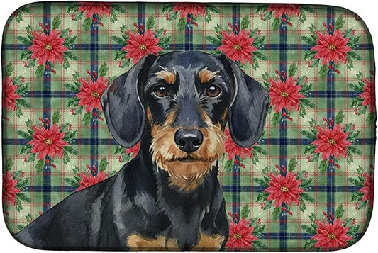 Caroline's Treasures Wirehaired Black and Tan Dachshund Christmas PoinsettIas Dish Drying Mat Absorbent Dish Drying Mat Pad for Kitchen Counter Dish Drainer Mat for Countertop, 14 x 21", Multicolor