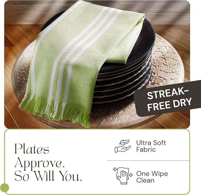 5 Pack Monochrome Stripe Kitchen Towels, Fringed Edges, 16x26 Inch, 100% Cotton, Lint-Free, Absorbent & Washable Dish Towels for Drying Dishes, Everyday Kitchen Use, Lemon Green