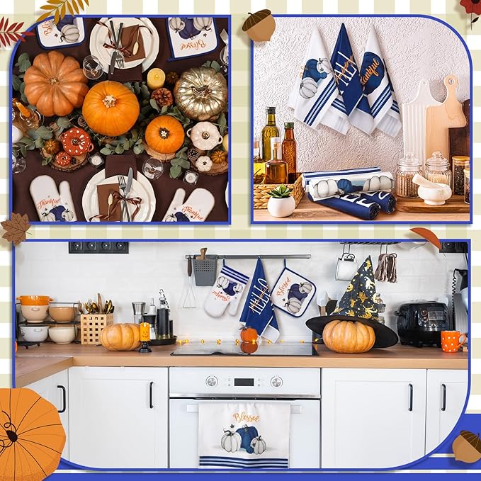 Fanfanwin 10 Pcs Thanksgiving Pumpkin Kitchen Decor Set Kitchen Towels Pot Holders Oven Mitts and Rugs Set Thanksgiving Decor for Baking Cooking Home Gift