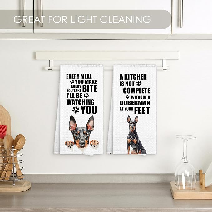 Doberman Kitchen Towel Gifts for Dog Lovers Decorative Set of 2, Dobermann Dish Towels Dishcloths Tea Towels, Dobie Pinscher Waffle Weave Microfiber Hand Towel for Kitchen Bathroom Decor 16x24