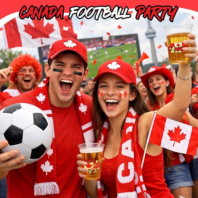 Jingmore 50 Pcs Soccer Plastic Cups 12 oz International Countries Soccer Disposable Plastic Cups Thick Clear Drinkware for Sports Games Party Supplies (Canada)
