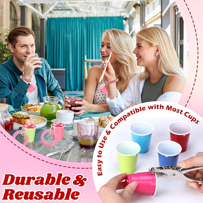 100 Pcs Pink Stretchable Wristband for Shot Cups Wrist Coil Keychain with Hole Puncher Plastic Wristlet Keychain Kit for Shot Tasting Glasses Sports Game Party Supplies
