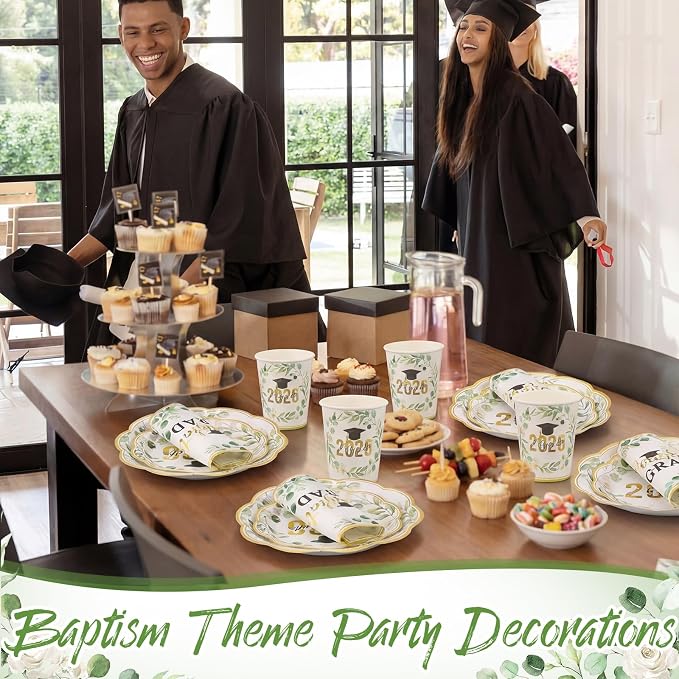 Pickmesh 250 Pcs Class of 2026 Graduation Party Supplies for 50, Sage Green Gold Floral Congrats Grad Paper Plates Napkins Cups Disposable Graduation Party Tableware Set for Grad Table Decoration