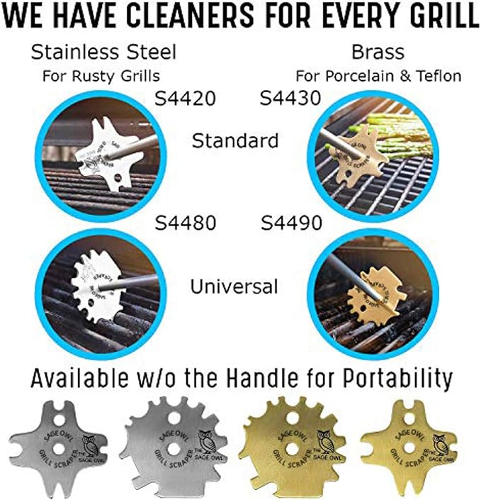 Sage Owl Stainless Steel BBQ Grill Scraper, Bristle-Free, 3-in-1, Silver, 17.5” Handle – Safe Grill Cleaner for Outdoor Grills, Includes Round and V-Shaped Grooves – Grilling Accessories for Men