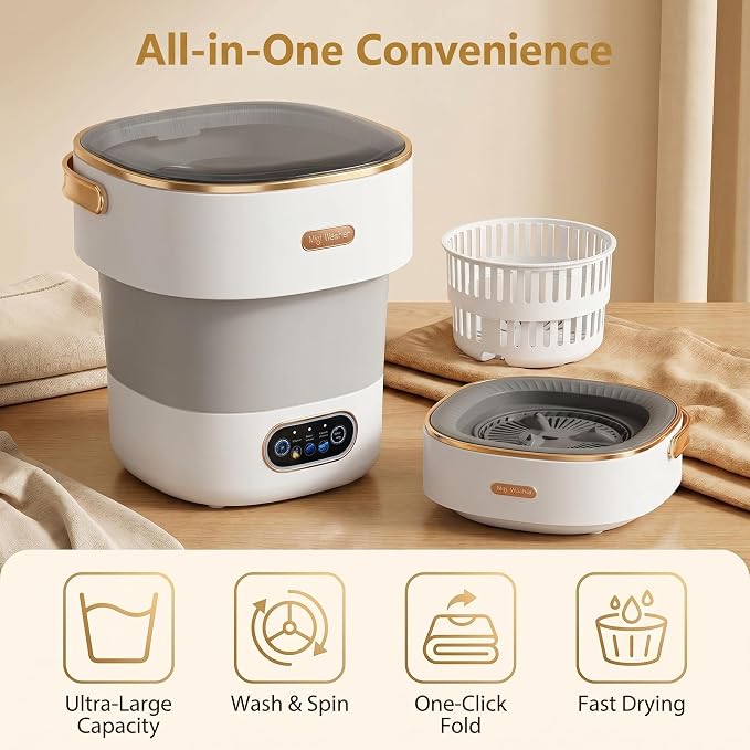 Portable Collapsible Mini Washer with 3 Cleaning Modes & Drain Basket, 16L Foldable Small Laundry Machine for Travel Camping Dorms RV Apartments, Baby Clothes Underwear Socks Delicates (gray-white)