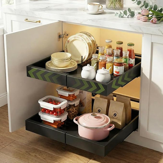 Abalter Expandable Pull Out Cabinet Organizer,2-Tier Slide Out Drawer for Kitchen Cabinets,Adjustable Width 12–18.5",Slide Out Shelves for Kitchen Countertop, Bathroom, Pantry, Heavy Duty Caddy(Black)