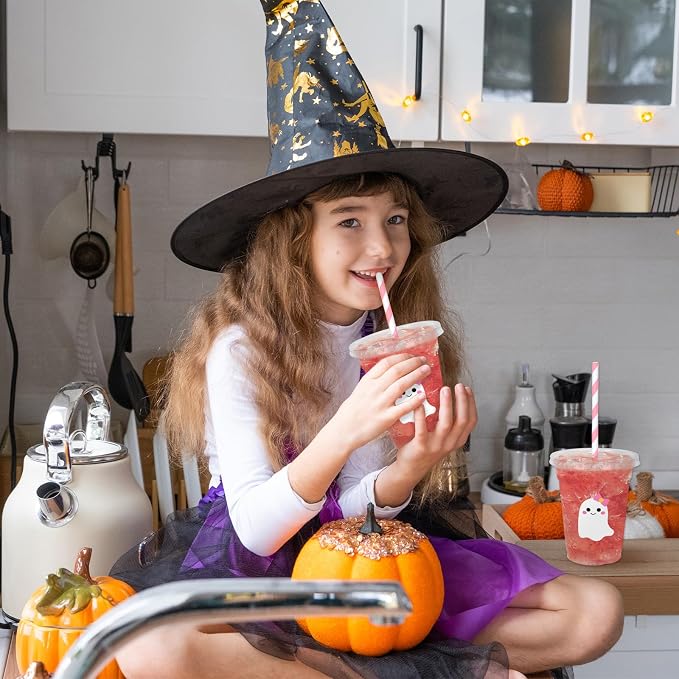 Whaline 50 Pcs Halloween Disposable Plastic Cups with Lids and Straws Cute Pink White Ghost Cold Beverage Drinking Cups for Trick or Treat Birthday Party Supplies
