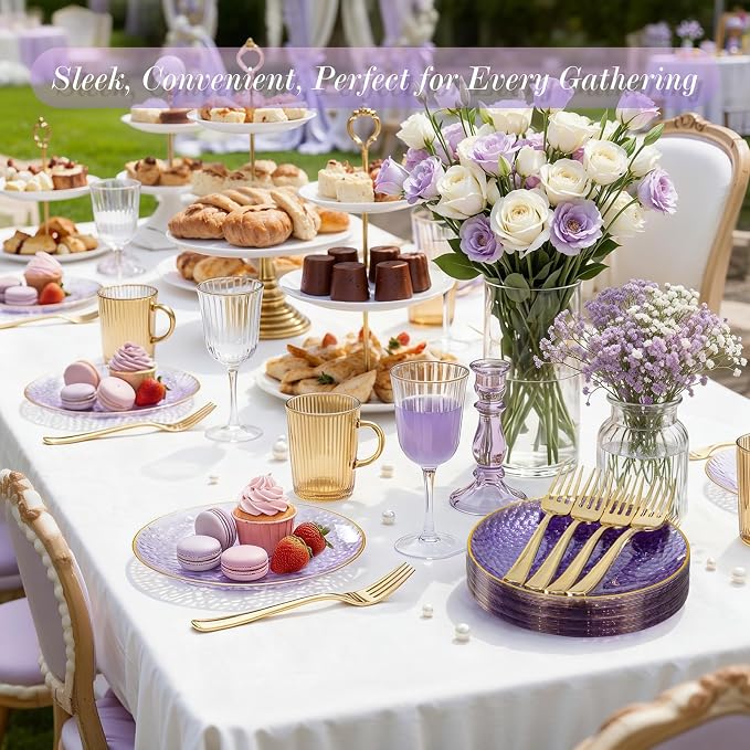 DaYammi 240Pcs Purple Plastic Plates Including 120Pcs Purple Dessert Plates and 120Pcs Gold Cake Forks,Hammered Appetizer plates Heavy duty Disposable Plastic Plate for Party Wedding Birthday
