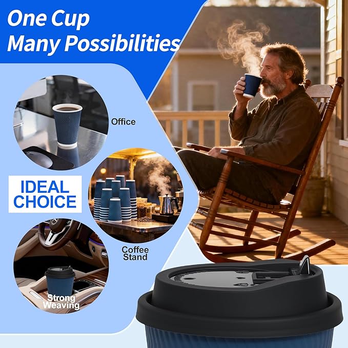 16 oz 100 Pack Corrugated Ripple Wall Disposable Coffee Cups with Lids and Straws, Heavy Duty Insulated Cups for Hot Beverage or Cold Drinks, Bulk for Restaurants, Offices, Coffee Shops(Blue)