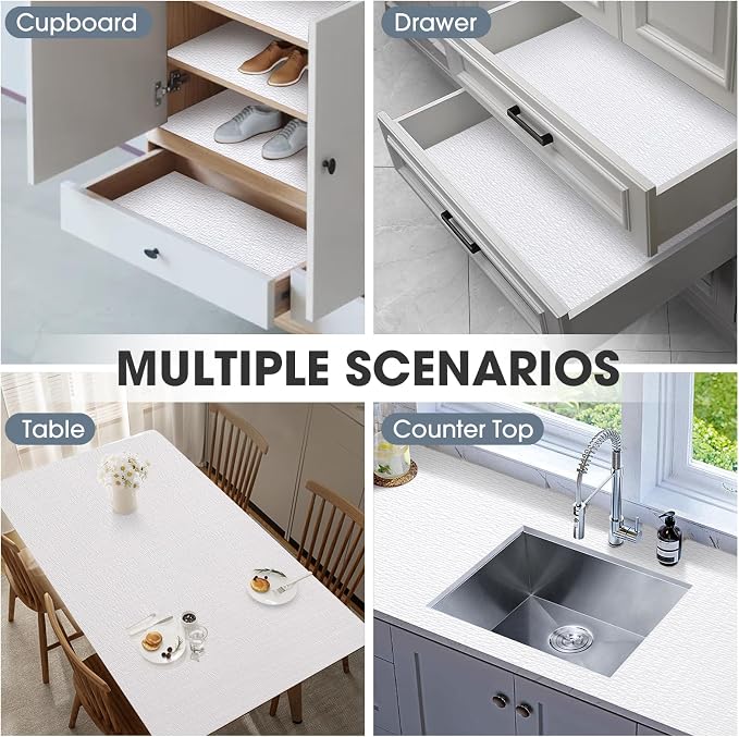 Drawer and Shelf Liner, Non-Slip Kitchen Cabinet Liners Non-Adhesive Thick Strong Grip Waterproof Washable Mats Protect Dresser Shelves Cupboard Bathroom Cabinets, White, 18 in X 20 FT