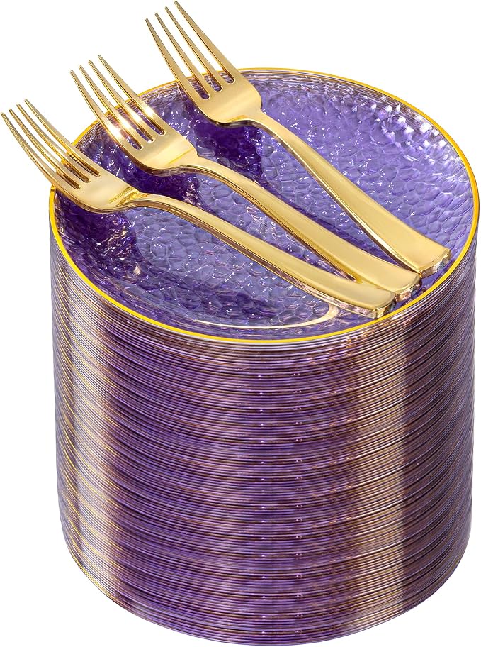 DaYammi 240Pcs Purple Plastic Plates Including 120Pcs Purple Dessert Plates and 120Pcs Gold Cake Forks,Hammered Appetizer plates Heavy duty Disposable Plastic Plate for Party Wedding Birthday