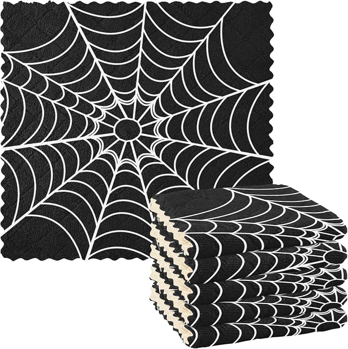 CaTaKu Halloween Cobweb Black Kitchen Cloths, Reusable Rags for Washing, Microfiber Cleaning Cloths Dish Towels Washcloths for Kitchen Drying, 6 Pack
