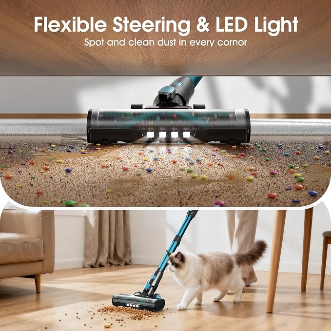 Klarpul Cordless Vacuum Cleaner, 650W 55KPA 70Mins Runtime Fast Charging Vacuum Cleaner, Self-Standing LED Light Touch Screen Stick Vacuum for Home Light Weight,for Pet Hair/Carpet/Floor, Cyan