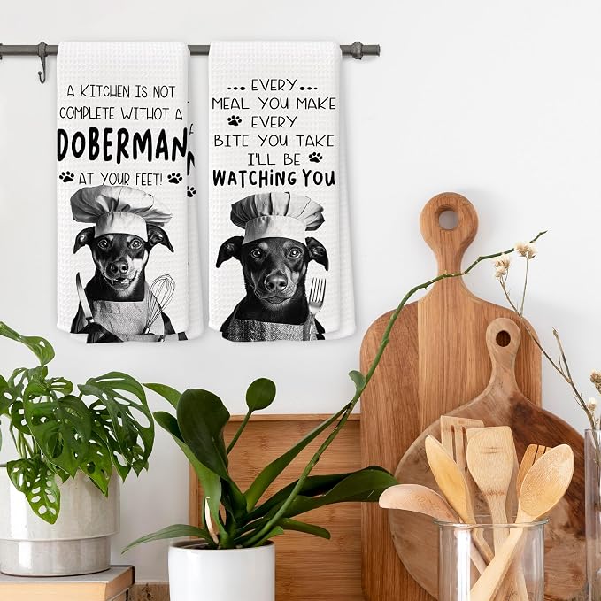 Funny Chef Doberman Dog Kitchen Towels 16x24 Inch Set of 2 | Doberman Lovers Gifts for Women Men Dish Tea Towels for Kitchen, Dog Lover Mom Dad Owner Gifts Decorative Hand Towel