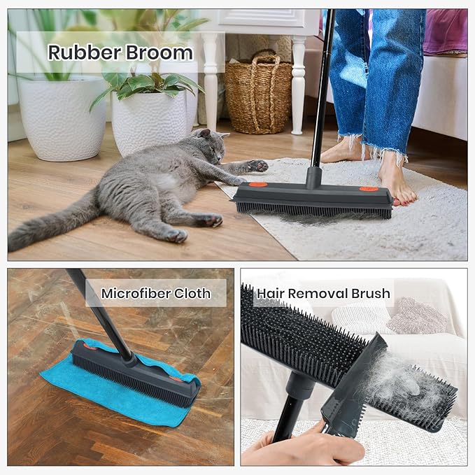 Pet Hair Removal Tool Set: Rubber Broom + Pet Hair Remover Brush for Car, Furniture, Carpet