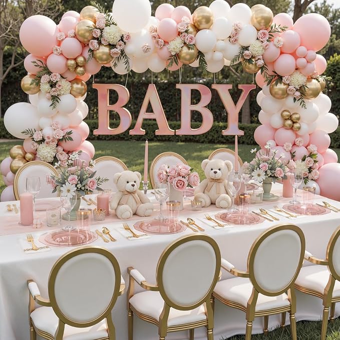 KIRE 210Pcs Clear Pink Plastic Plates with Gold Rim - Disposable Pink Plates for Party - 30 for Dinner 30 for Dessert 90 Silverware 30 Napkins 30Cups for Upscale Wedding/Party/Baby Shower