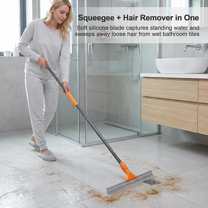 CLEANHOME Silicone Floor Squeegee for Shower Glass, Floor, and Garage | Heavy-Duty Pet Hair Remover, Bathroom Tile Cleaner, Window Wiper - Flexible, No Streaks, Compact Storage