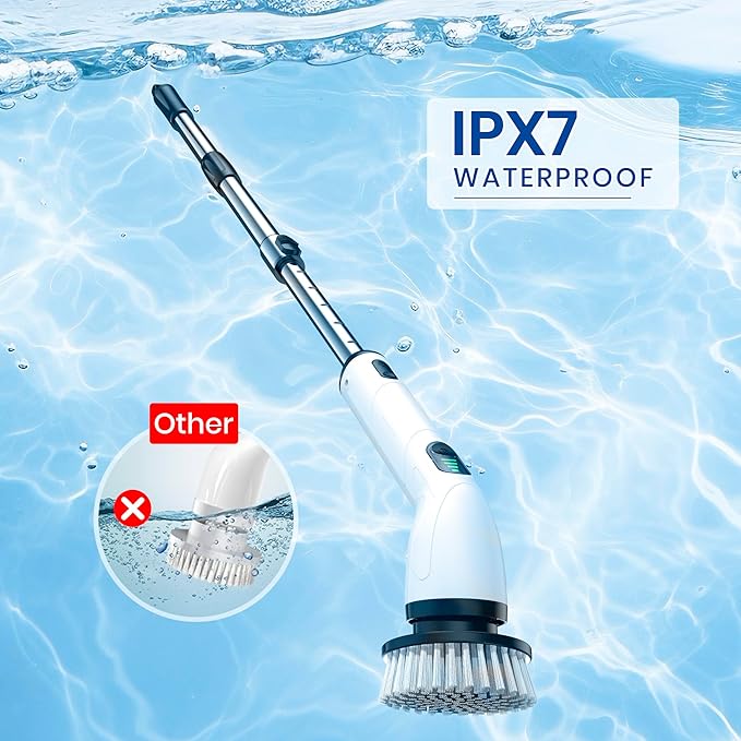Keimi Electric Spin Scrubber, Full-Body IPX7 Waterproof Cordless Shower Scrubber with 4 Replaceable Heads, Upgraded Extension Handle, 2H Work Time, 2 Speeds for Bathroom Shower Tile Glass