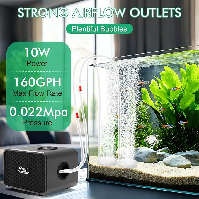 hygger Aquarium Air Pump, USB Rechargeable Battery Powered Fish Tank Air Pump 6W/10W with LCD Display Dual Outlets, Adjustable Aerator for Fish Oxygen Pump for 5-200 Gallon Tank